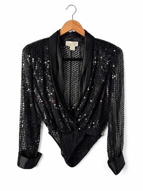 Cache Black Sequin Lined Bodysuit Medium Vintage